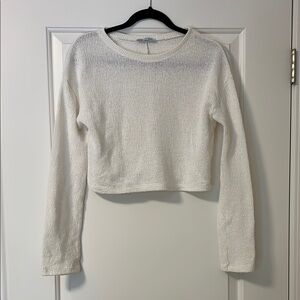 Zara White Long Sleeve Textured Weave Crop Shirt
